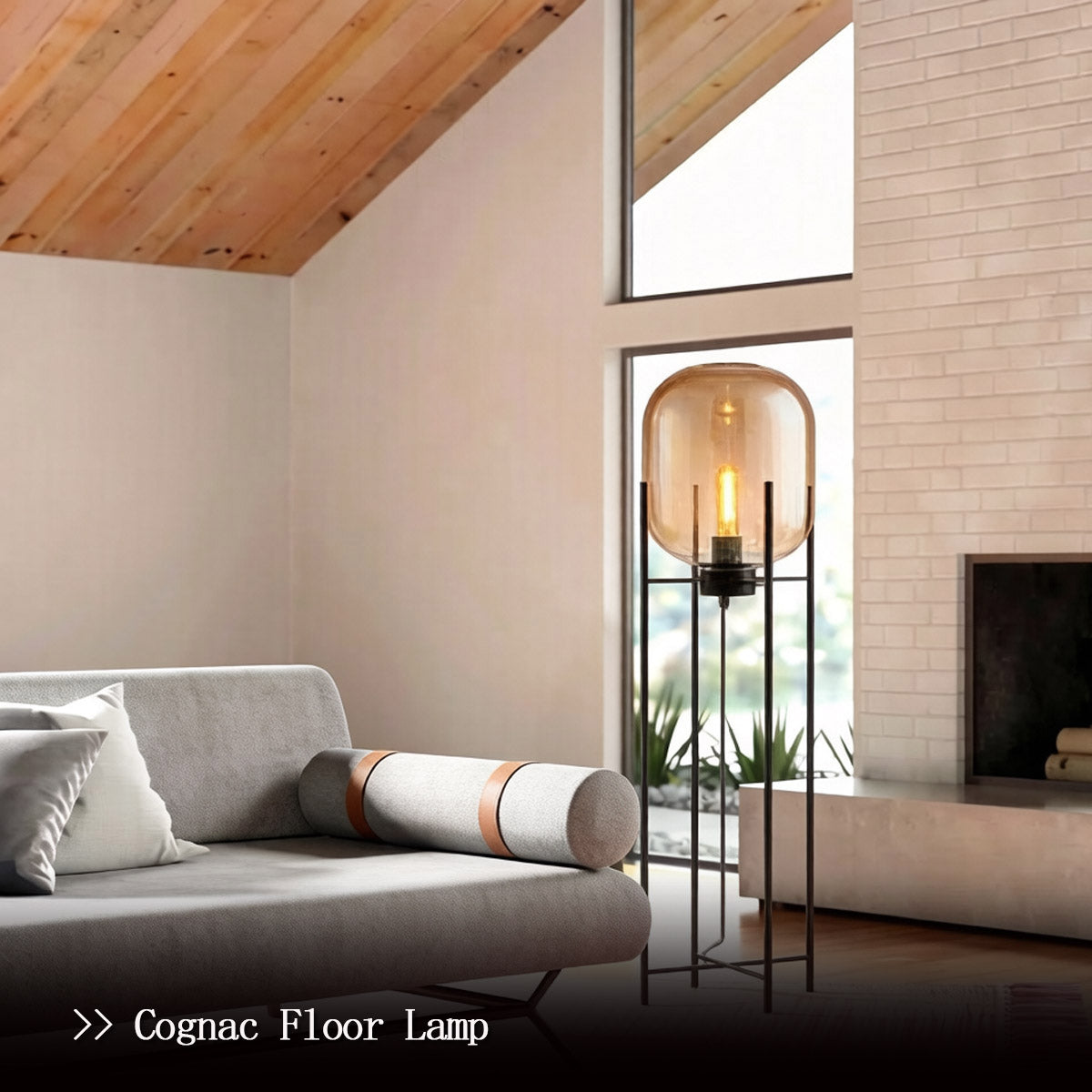 Cognac Glass Floor Lamp - Full Height View Wrought Iron Stand