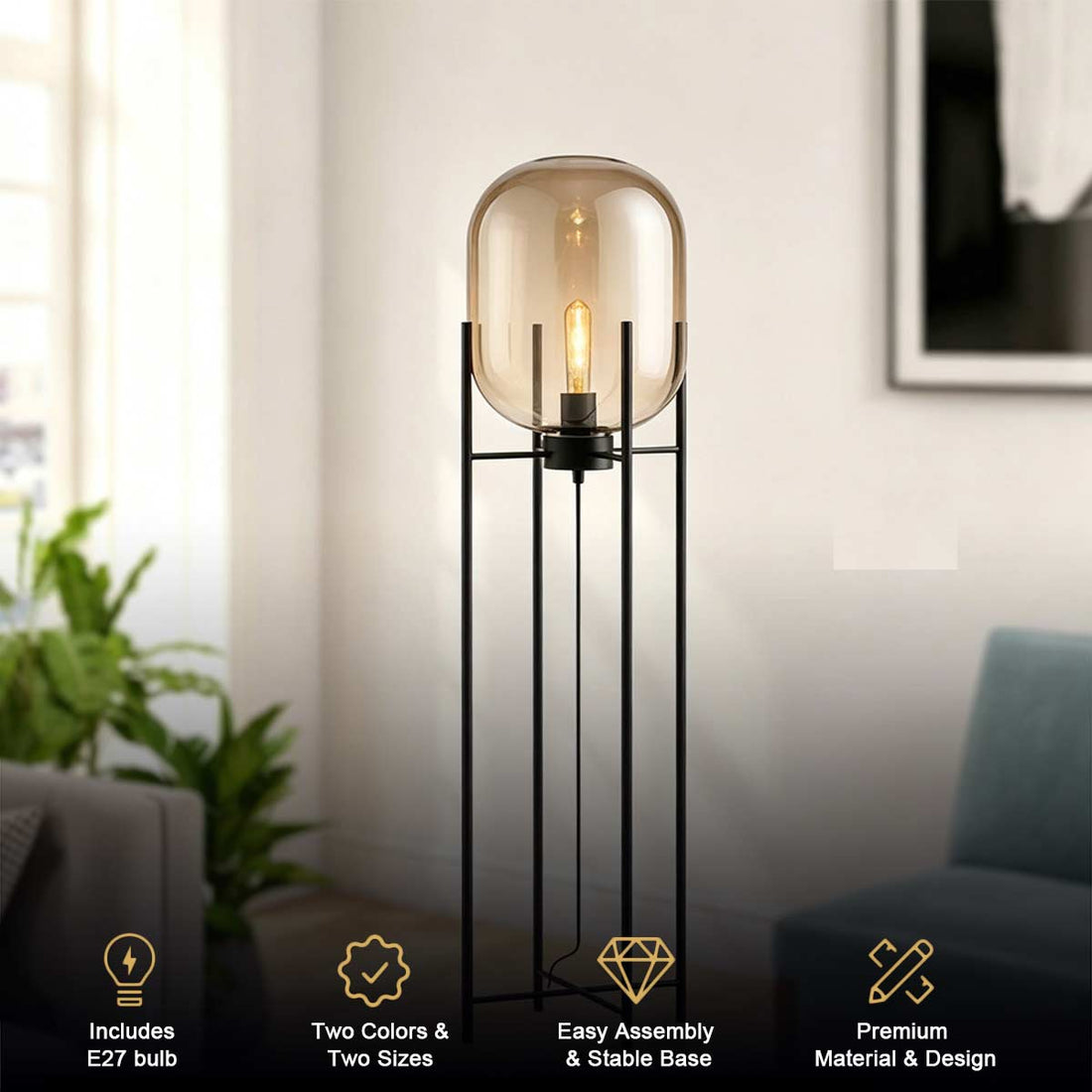 Cognac Glass Floor Lamp - Black Wrought Iron Frame Tall Standing Lamp