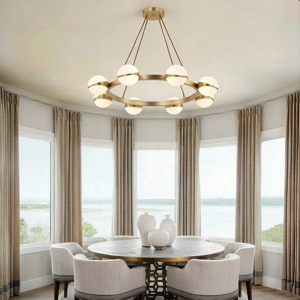 Modern Gold Ring Globe Glass Chandelier, 8-light configuration with adjustable hanging cables, brushed gold finish circular ring ceiling light for living room entryway