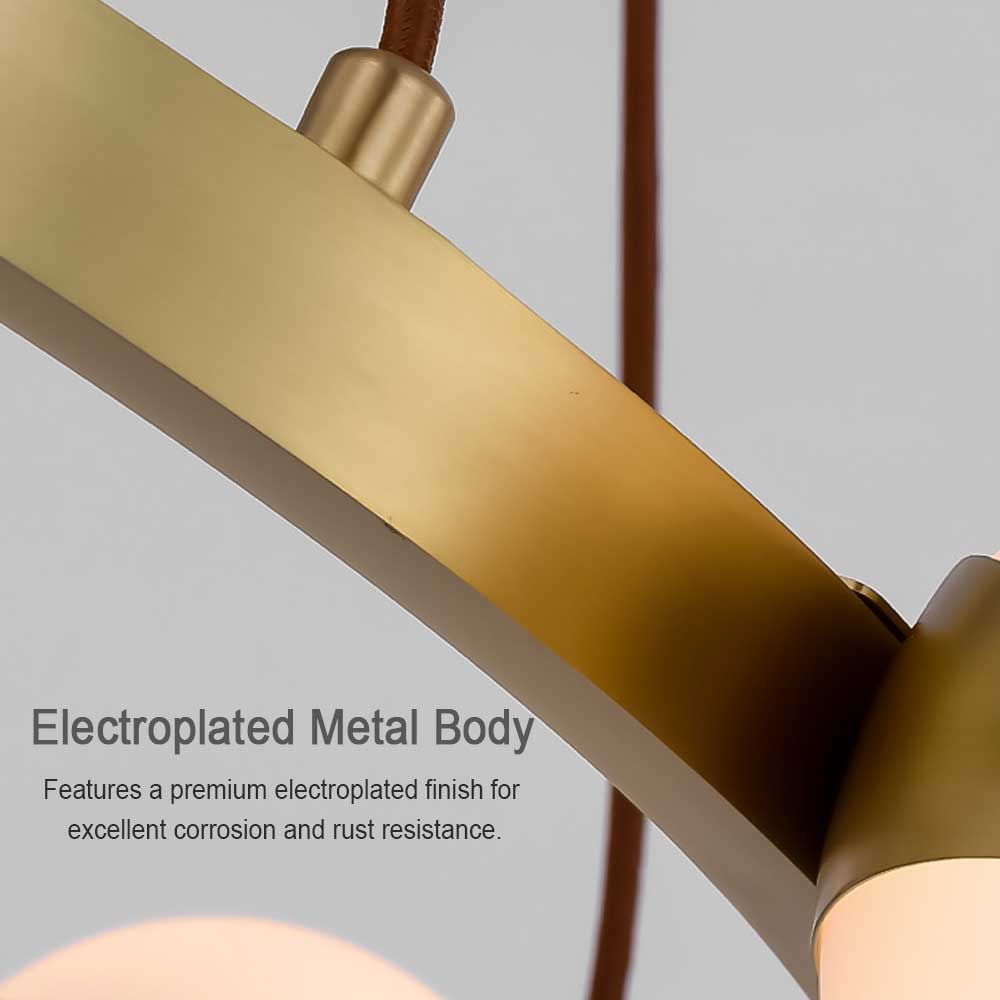 Modern Gold Ring Globe Glass Chandelier, close-up detail of brushed gold metal ring frame and frosted glass globe shades, premium mid-century ceiling pendant light