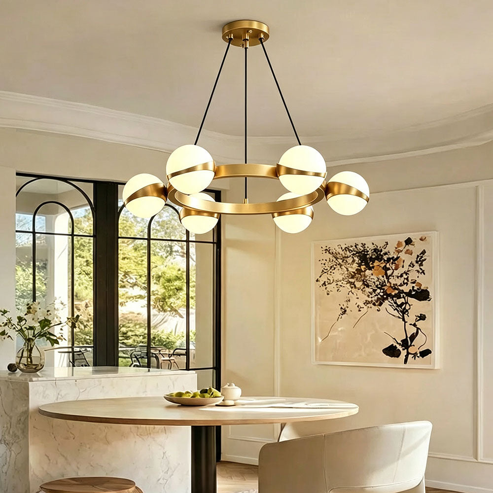 Modern Gold Ring Globe Glass Chandelier, 6‑light milky white glass sphere pendant light, mid‑century circular ring ceiling fixture for dining room living room kitchen