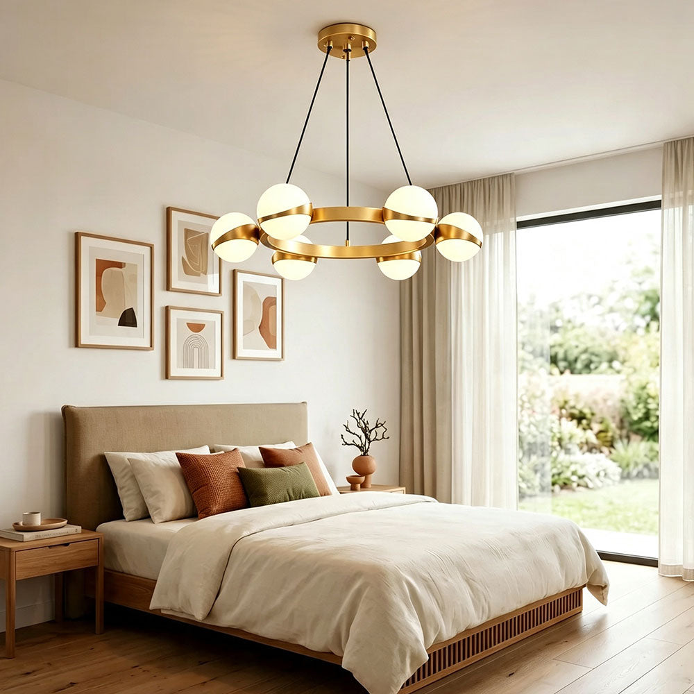Modern Gold Ring Globe Glass Chandelier, 6‑light frosted glass sphere pendant lamp, mid‑century circular ceiling light for bedroom