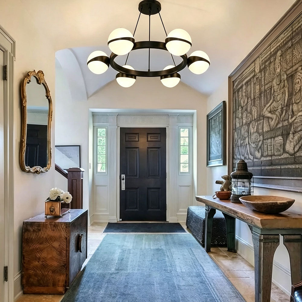 Modern Black Ring Globe Glass Chandelier, 6‑light frosted glass sphere pendant lamp, mid‑century circular ceiling light for entryway foyer hallway