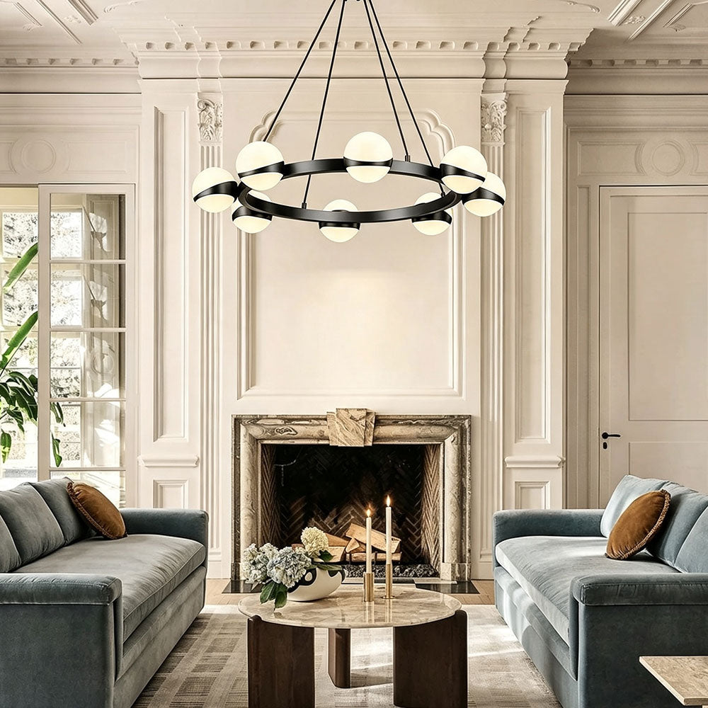 Modern Black Ring Globe Glass Chandelier, 8‑light frosted glass sphere pendant lamp, mid‑century circular ceiling light for spacious living room