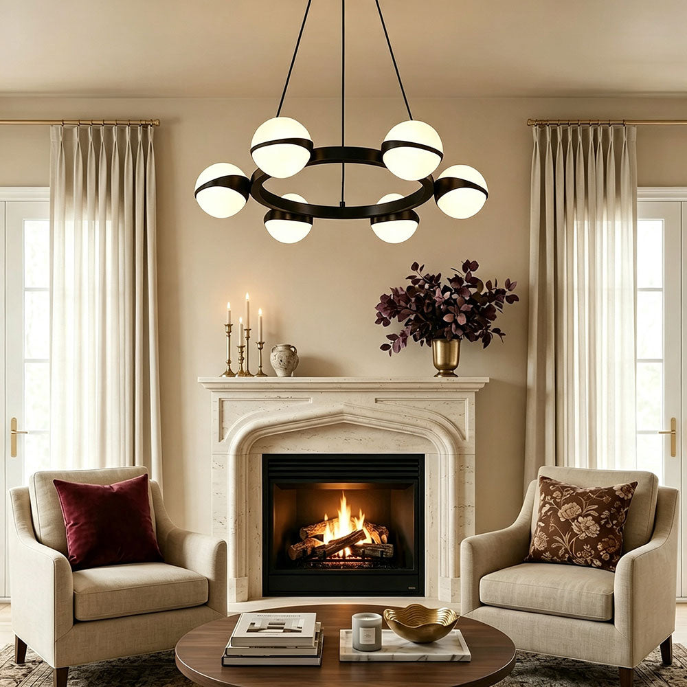 Modern Black Ring Globe Glass Chandelier, 6‑light milky glass sphere pendant light, mid‑century circular ceiling fixture for cozy living room