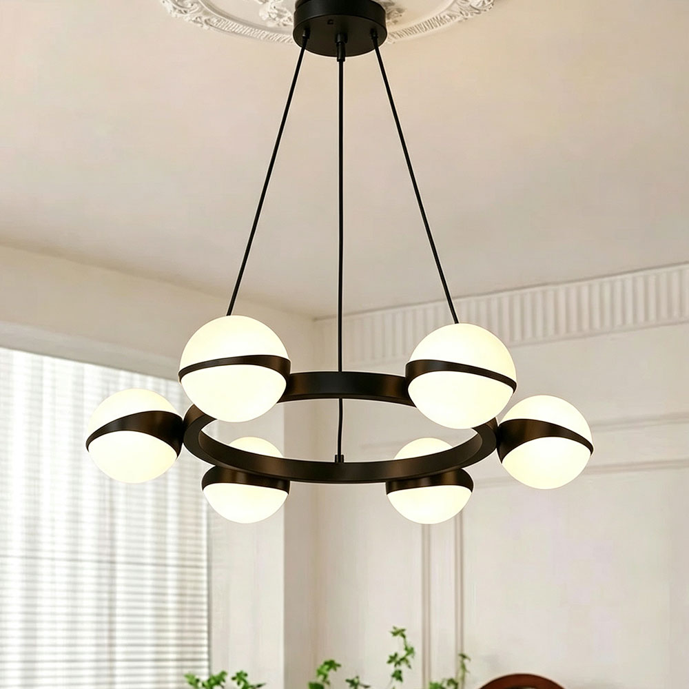 Modern Black Ring Globe Glass Chandelier, 6‑light frosted glass sphere pendant lamp, mid‑century circular ring ceiling light for home interior