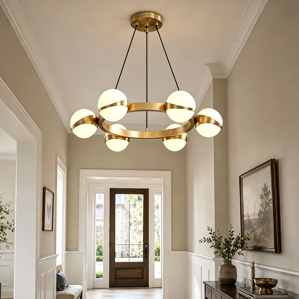 Modern Gold Ring Globe Glass Chandelier, 6‑light frosted glass sphere pendant lamp, mid‑century circular ceiling light for entryway foyer hallway