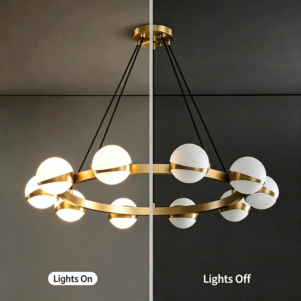 Modern Gold Ring Globe Glass Chandelier, lights on and off comparison, frosted milky glass sphere shade, brushed gold circular ring ceiling pendant light
