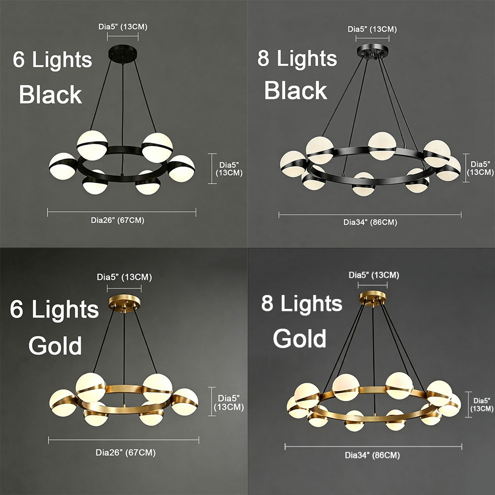 Modern Gold Ring Globe Glass Chandelier, 6‑light & 8‑light options, black and gold finish, dimension specification chart, milky glass sphere circular ring ceiling light
