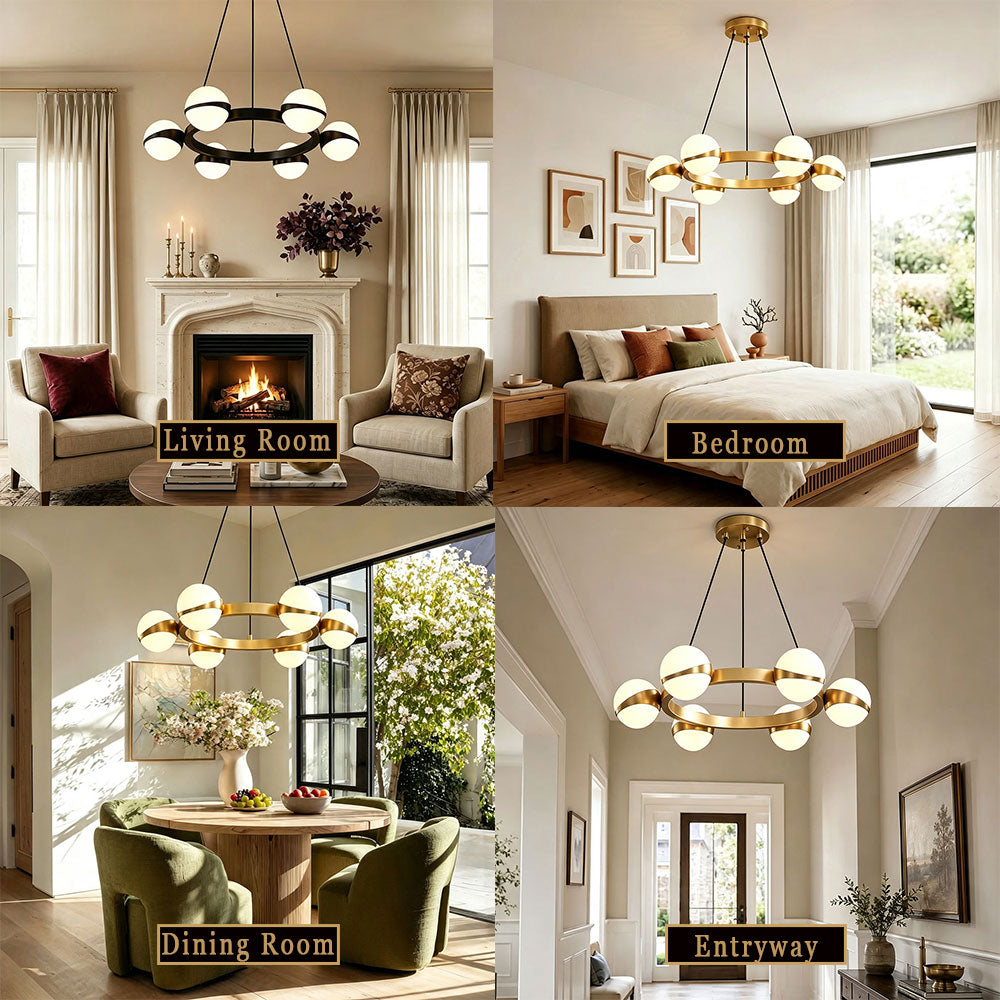 Modern Gold Ring Globe Glass Chandelier, multi‑scene display for living room bedroom dining room entryway, mid‑century circular ring sphere pendant ceiling light