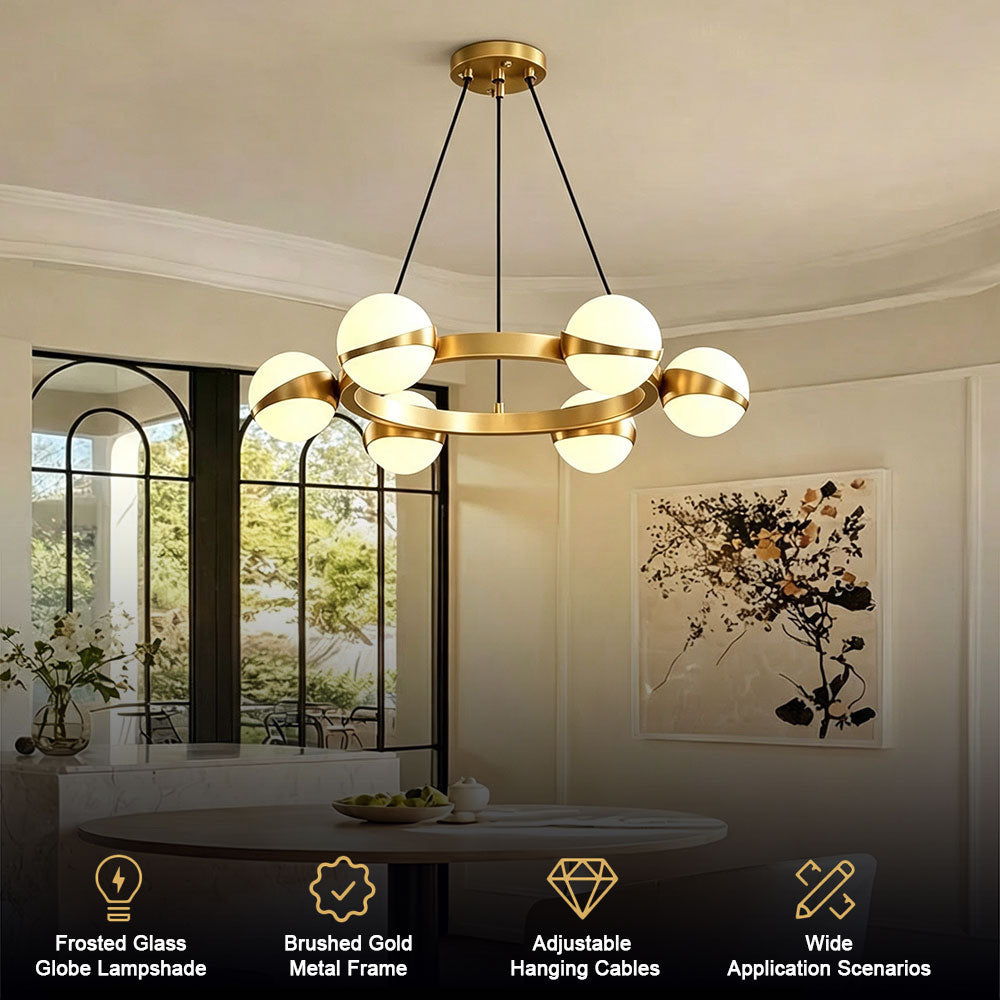 Modern Gold Ring Globe Glass Chandelier, frosted glass globe lampshade, brushed gold metal frame, adjustable hanging cables, dining room decorative ceiling light