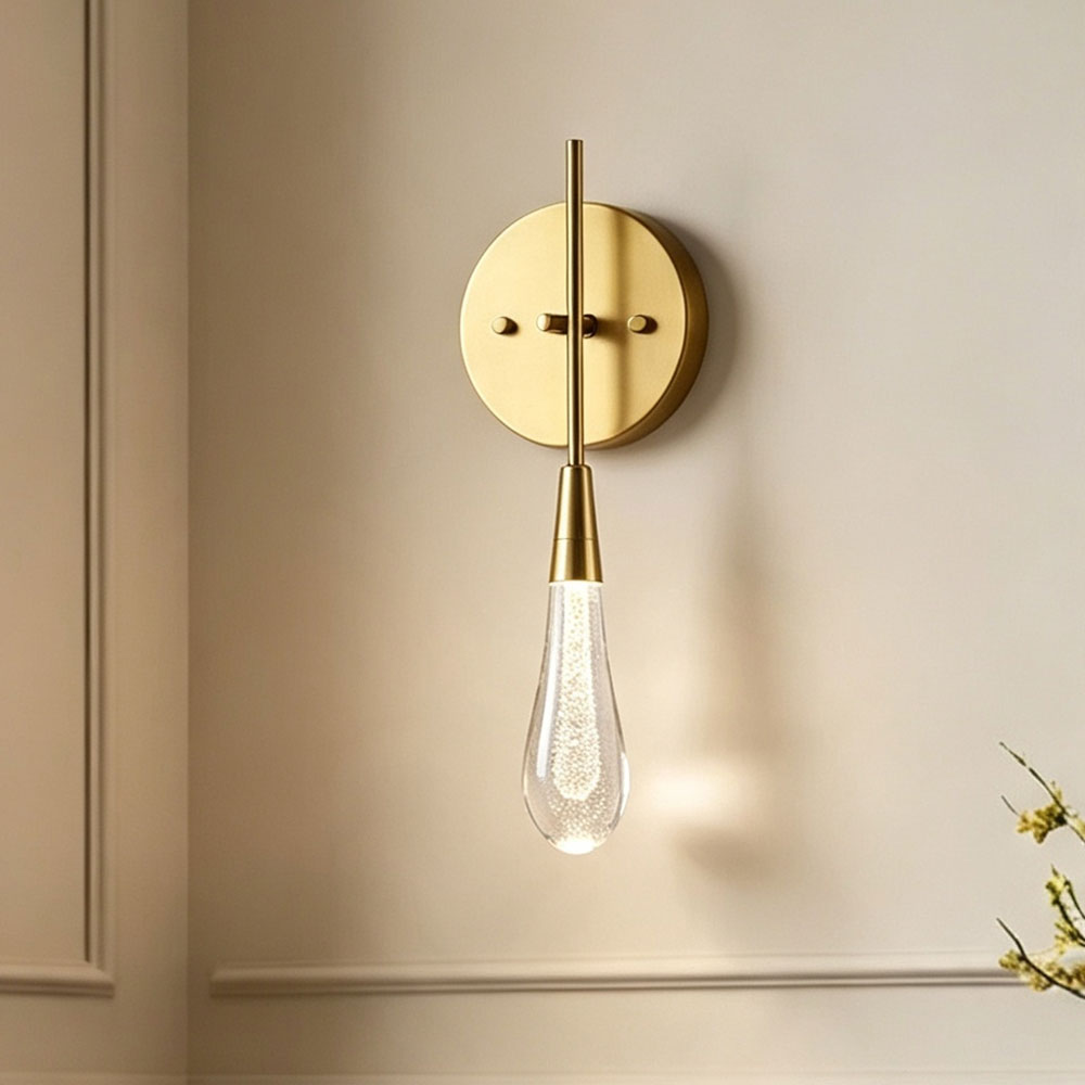 Modern brass teardrop crystal wall sconce, bubble glass droplet wall lamp for bedroom bedside, living room hallway decorative wall light fixture