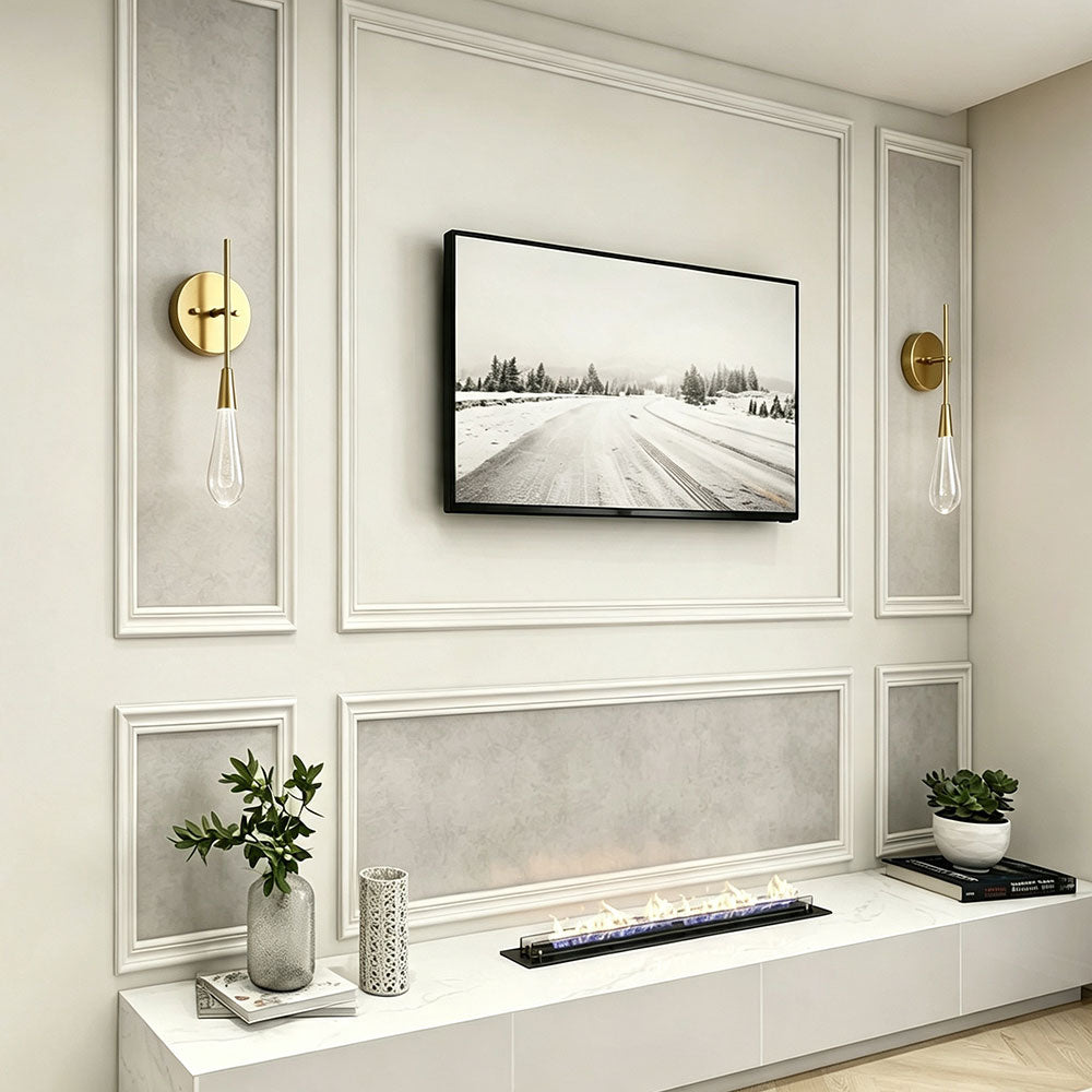 Modern brass teardrop bubble glass wall sconce pair, decorative droplet wall lamps on TV accent wall, living room media wall ambient wall light fixture