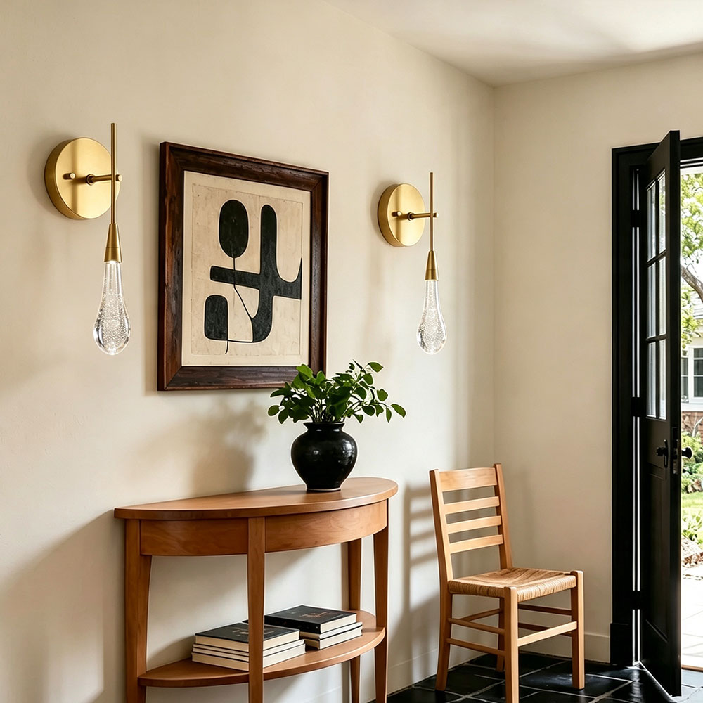 Modern brass teardrop bubble glass wall sconce pair, decorative droplet wall lamps flanking wall artwork for entryway foyer console table accent wall lighting fixture