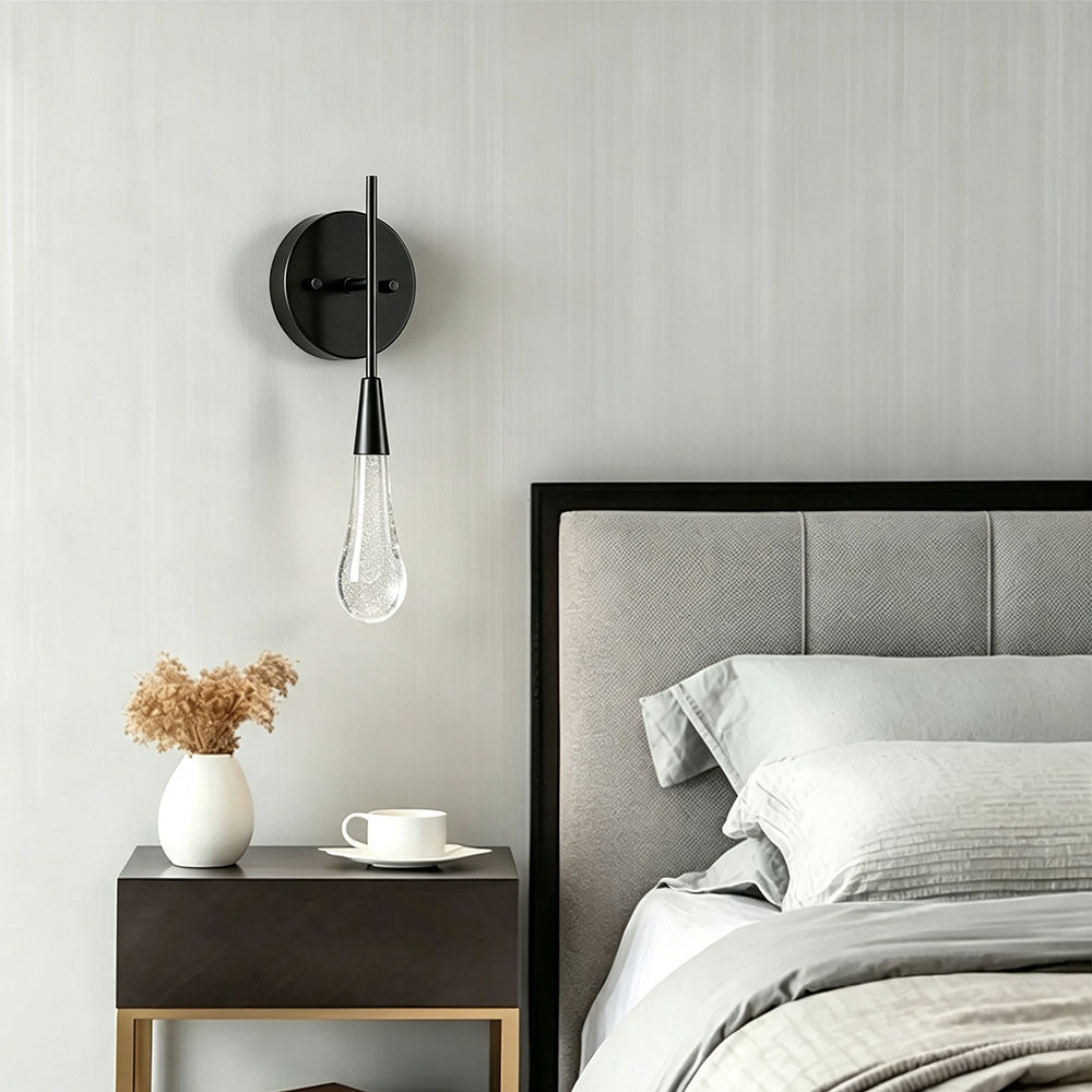 Modern matte black teardrop bubble glass wall sconce, droplet wall lamp for bedroom bedside, guest room decorative wall light fixture