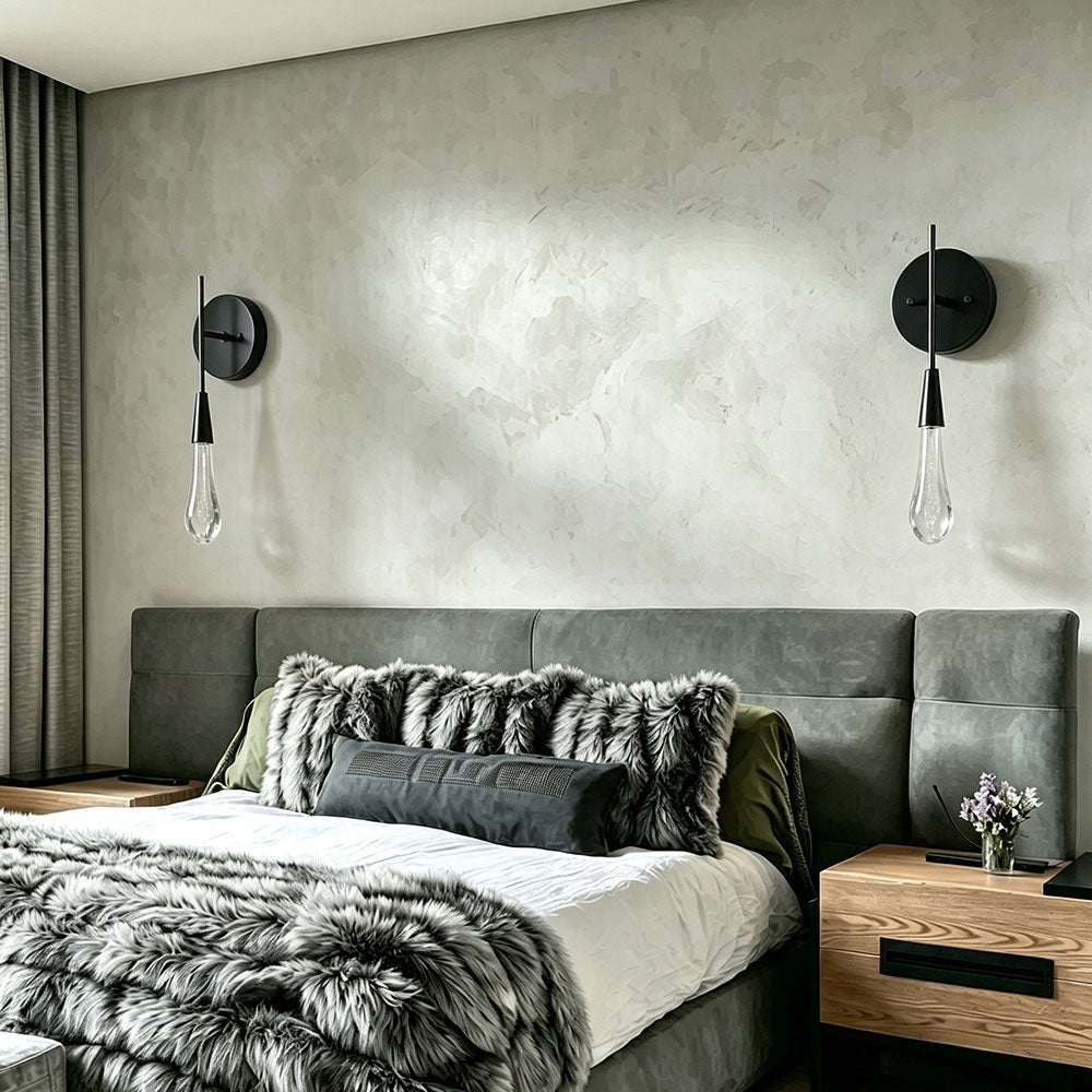 Matte black teardrop bubble glass wall sconce pair, modern droplet wall lamps mounted above headboard, decorative bedside wall light fixture for master bedroom