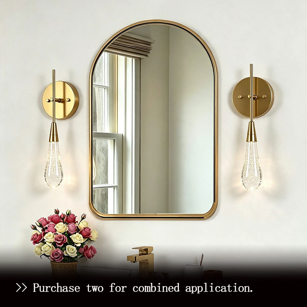 Modern brass teardrop bubble glass wall sconces set, paired vanity wall lights on both sides of bathroom arch mirror, decorative bathroom vanity wall lamp fixture