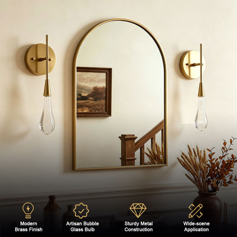 Modern brass teardrop crystal wall sconce, bubble glass droplet wall lamp for bedroom bedside, living room hallway decorative wall light fixture