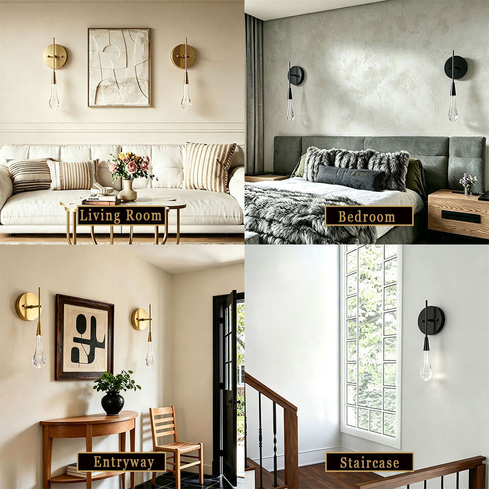 Teardrop bubble glass wall sconce multi‑scene collage, brass & matte black droplet wall lamp for living room, bedroom, entryway, staircase home decor wall light fixture