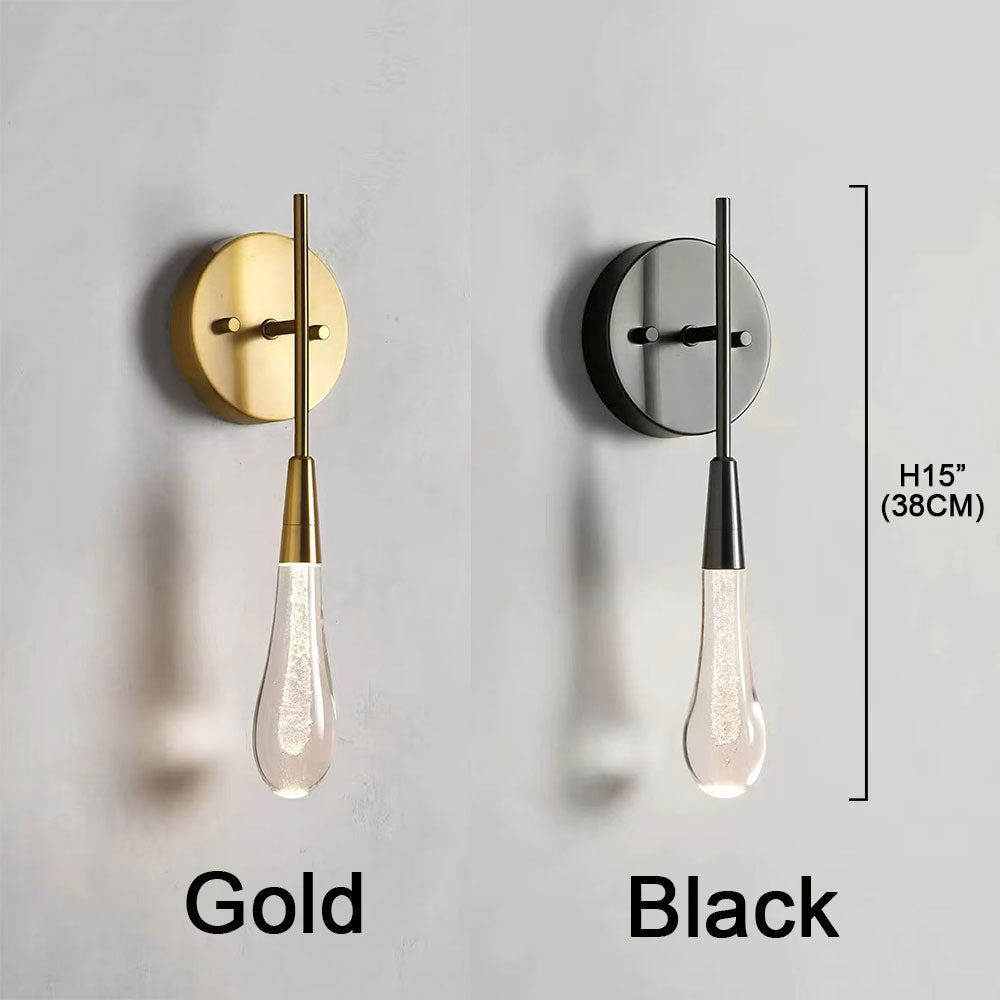 Teardrop bubble glass wall sconce two‑color options display, gold brass finish and matte black finish, dimension diagram H15 inch 38cm, modern droplet wall light fixture