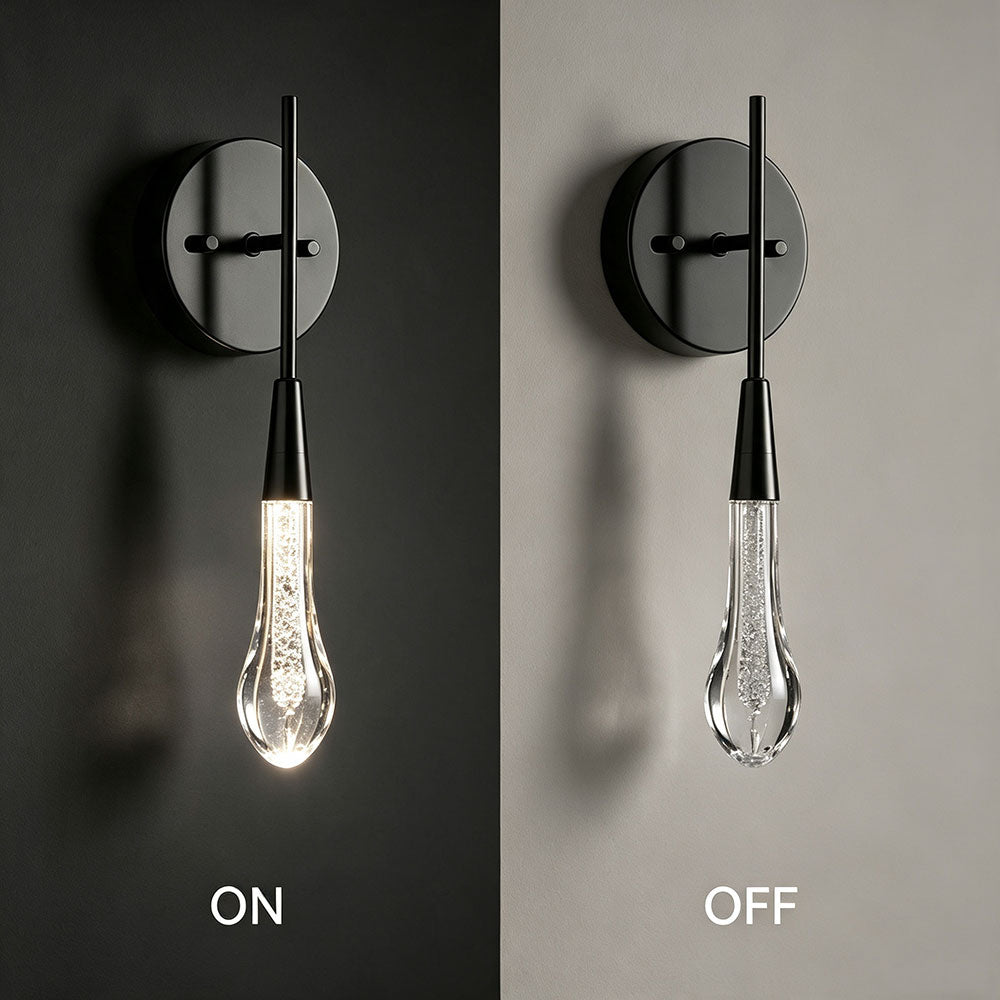 Matte black teardrop bubble glass wall sconce ON and OFF lighting effect comparison, droplet crystal glass wall light fixture brightness display