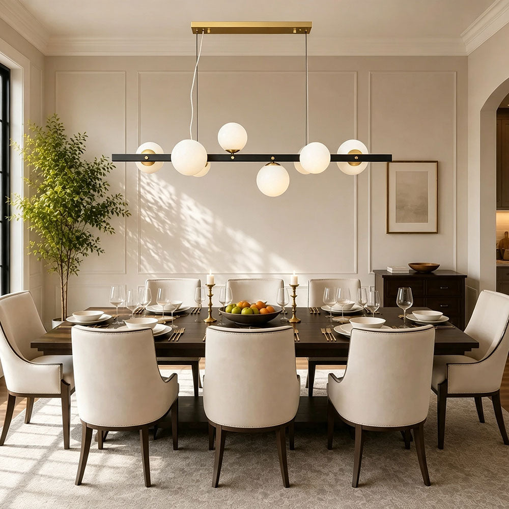 Modern black gold linear globe chandelier, opal white frosted glass globes, long dining table pendant light fixture, mid‑century modern dining room hanging light decor