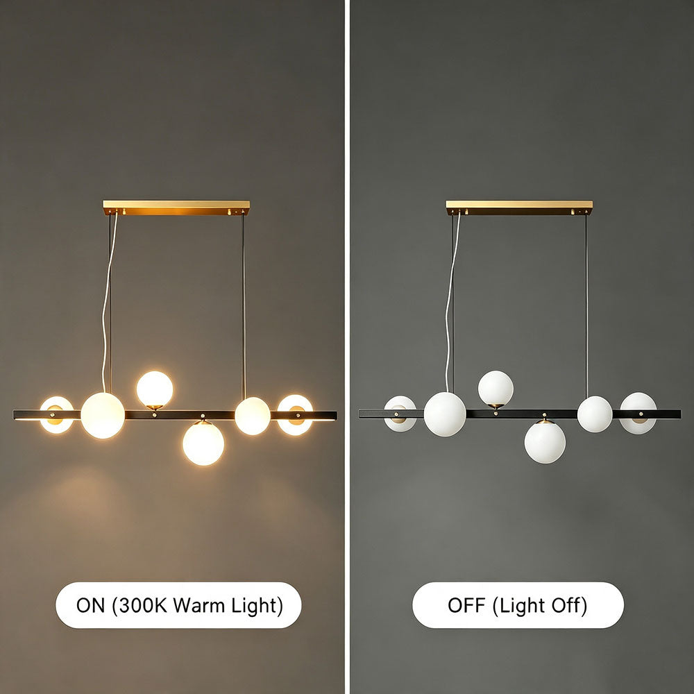Black gold linear globe chandelier ON OFF comparison, 3000K warm light display, opal frosted glass shades, metal bar pendant light fixture product detail shot