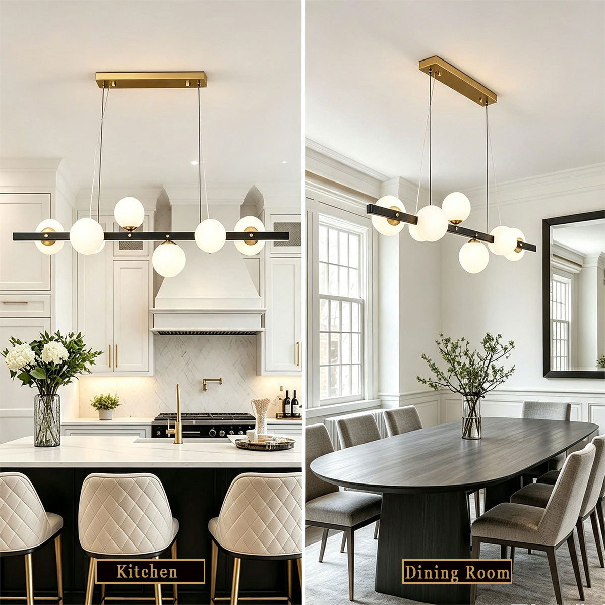 Black gold linear globe chandelier dual‑scene display, opal frosted glass globe pendant light for kitchen island and dining room, mid‑century modern long bar hanging lamp