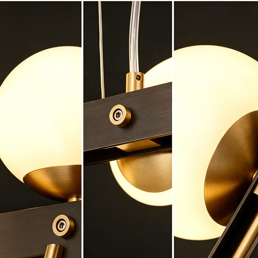 Close‑up detail shots of black gold globe chandelier, brushed brass hardware, opal frosted glass globe, solid metal bar construction, premium fixture craftsmanship