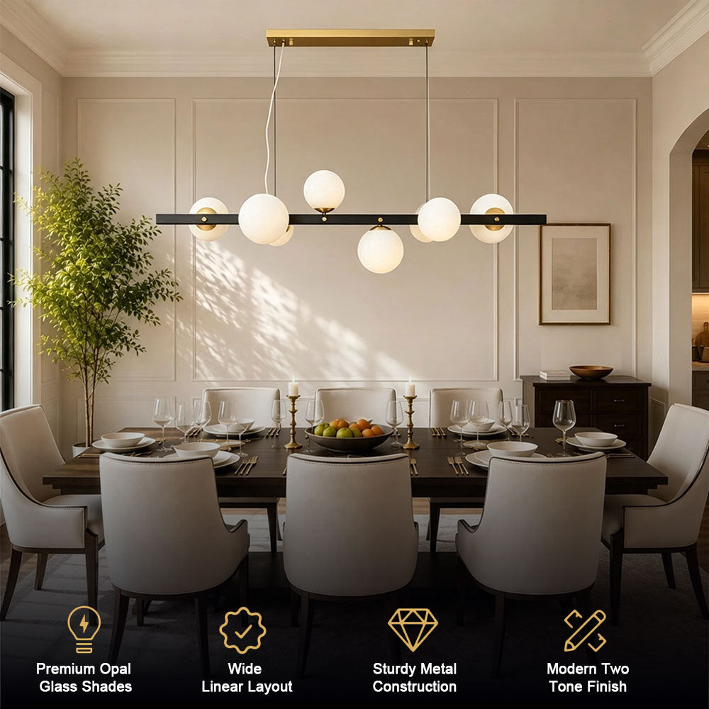 Mid‑century modern black gold linear globe chandelier for long dining table, opal glass shades, sturdy metal construction, two‑tone finish dining room pendant light with feature icons
