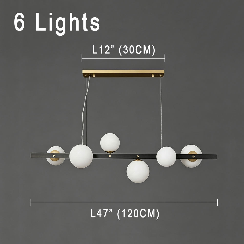 6‑light black gold linear globe chandelier dimension drawing, 47 inch total length, opal frosted glass shades, two‑tone metal long bar pendant light size specification chart