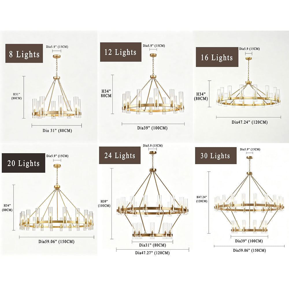 Luxury Round Crystal Ring Chandelier, 8/12/16/20/24/30 light gold wagon wheel chandelier with clear cylindrical glass shades, multiple size options dimension chart.
