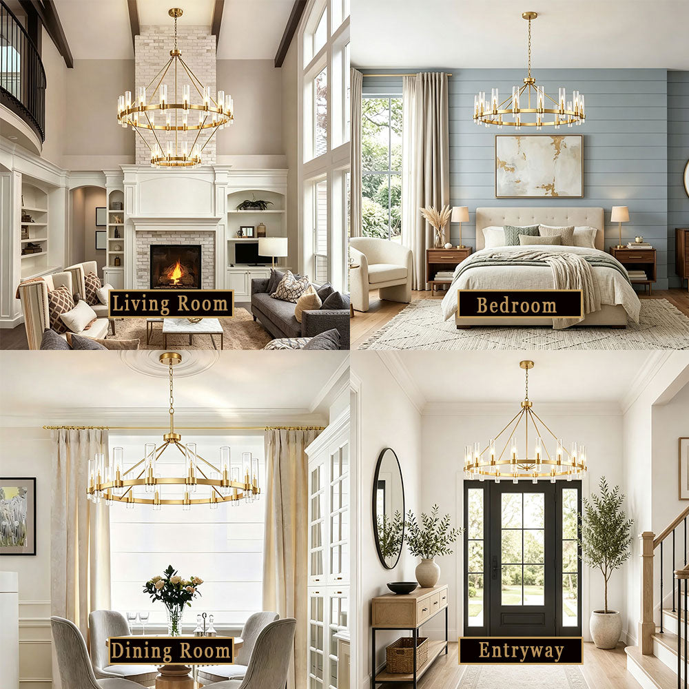 Luxury Round Crystal Ring Chandelier, gold wagon wheel chandelier with clear glass shades, multi-scene display for living room, dining room, bedroom, entryway modern home lighting.