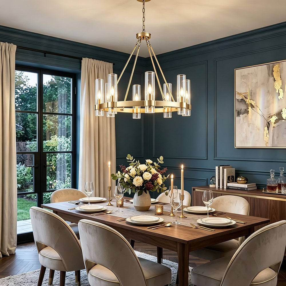 Luxury Round Crystal Ring Chandelier, gold wagon wheel chandelier with clear cylindrical glass shades, modern luxury ceiling lighting for dining room.