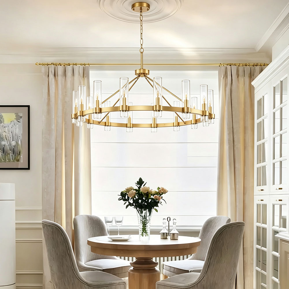 Gold 8-light round ring chandelier with clear cylindrical glass shades, modern luxury circular dining room pendant light for round dining table, brass wagon wheel ceiling fixture.