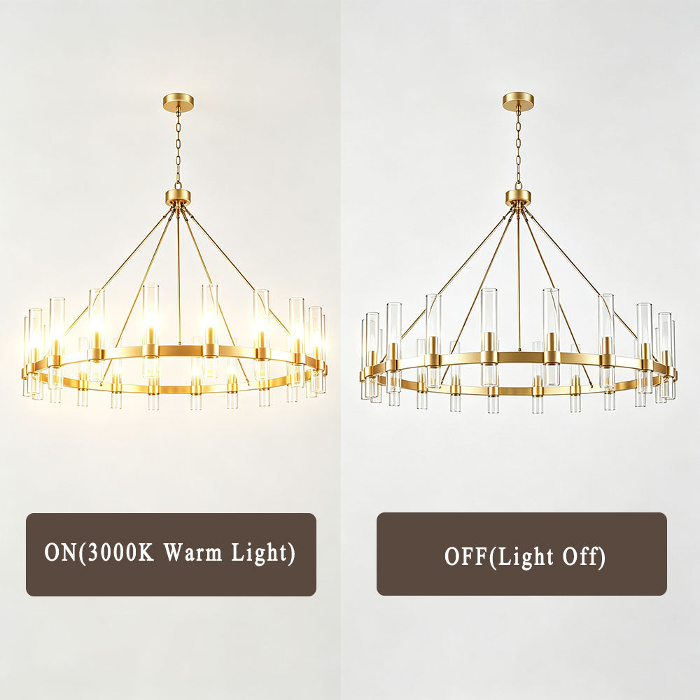 Luxury Round Crystal Ring Chandelier, gold wagon wheel chandelier with clear glass shades, 3000K warm light on and off effect display.