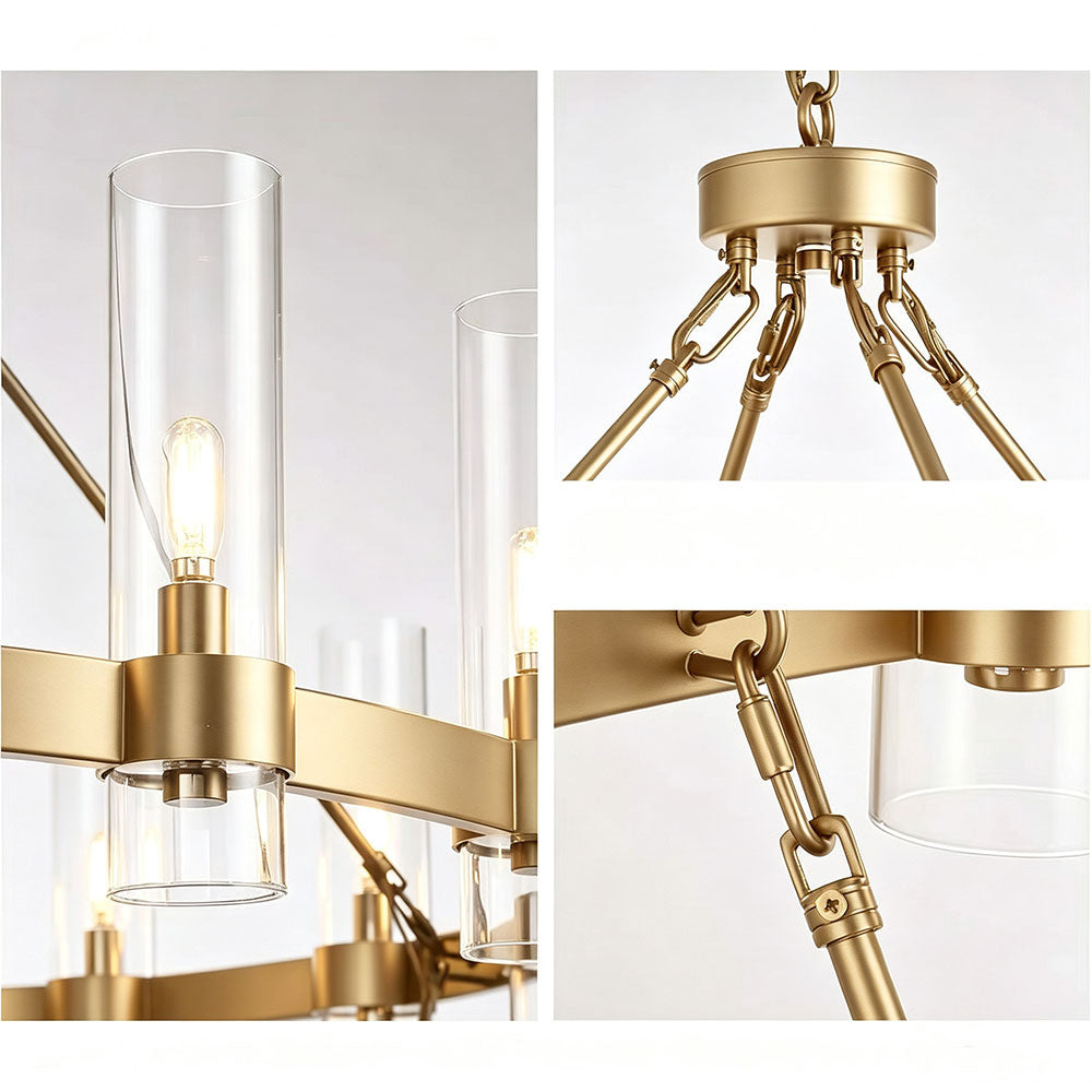 Luxury Round Crystal Ring Chandelier close-up details, matte brass metal frame, clear cylindrical glass shade, adjustable connection hardware, modern wagon wheel ceiling light craftsmanship.