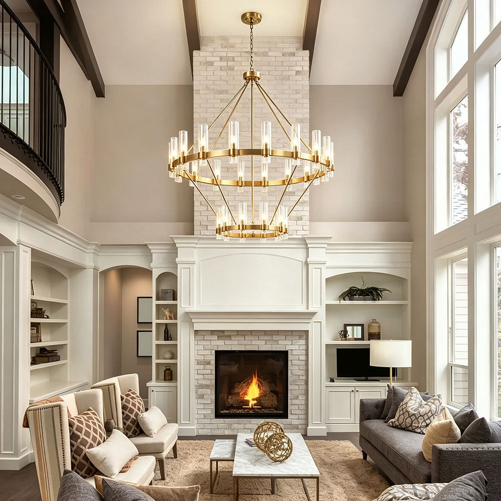 Luxury Round Crystal Ring Chandelier, two-tier gold wagon wheel chandelier with clear cylindrical glass shades, high ceiling living room modern farmhouse lighting.