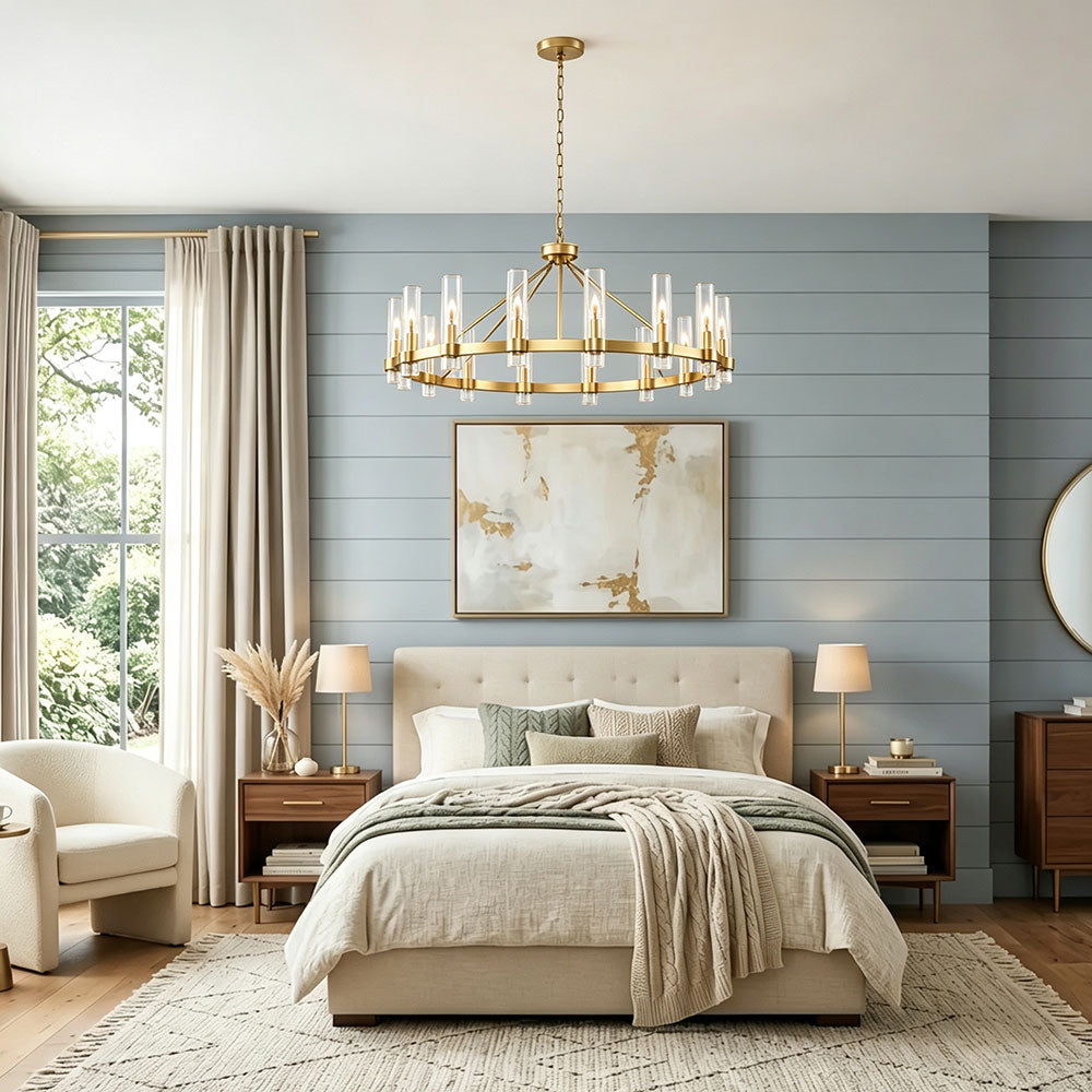 Luxury Round Crystal Ring Chandelier, gold wagon wheel chandelier with clear cylindrical glass shades, modern farmhouse ceiling lighting for primary bedroom.