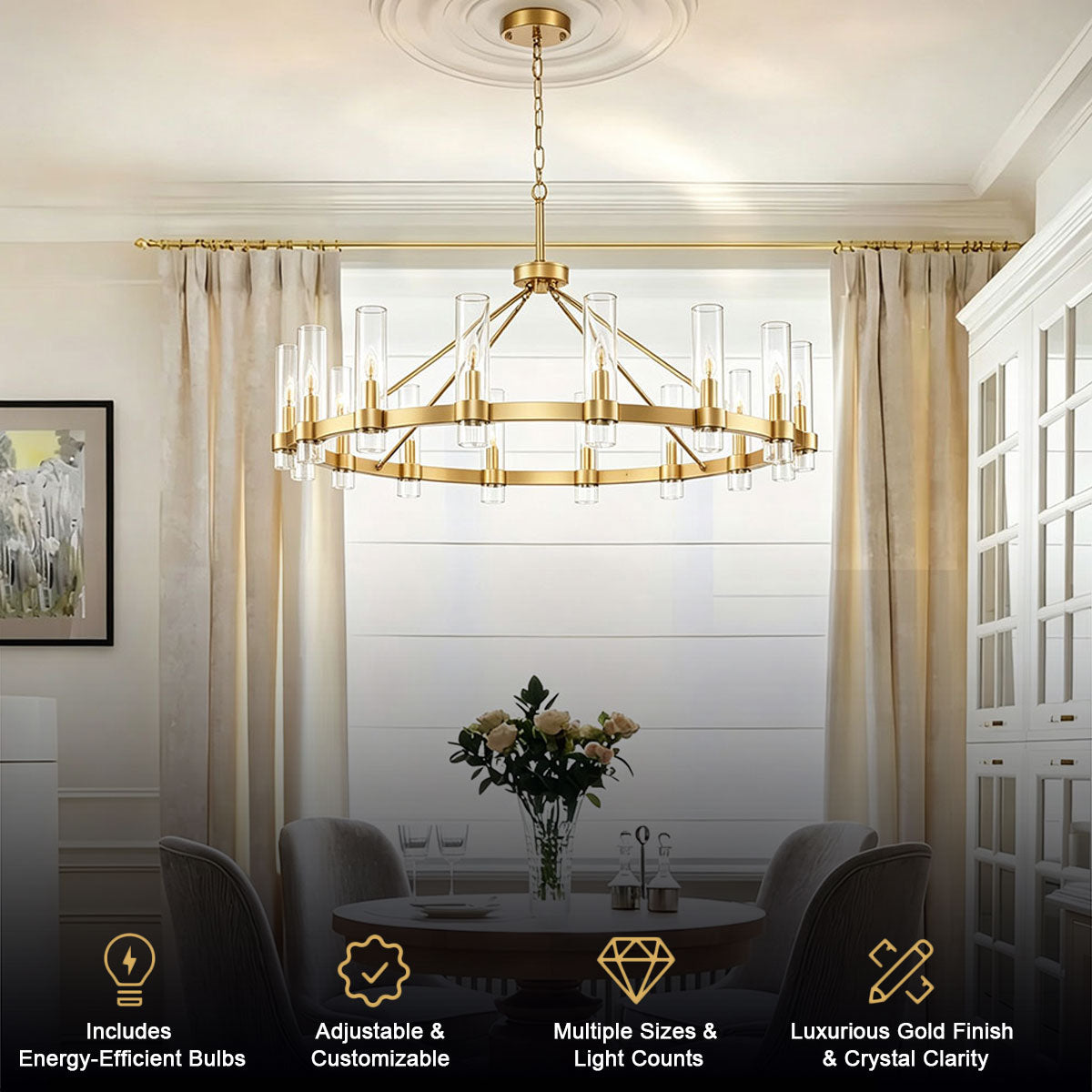 Modern Gold Wagon Wheel Chandelier installed above round dining table in elegant white dining room, warm ambient glow, gold circular ring frame with clear cylindrical glass shades, feature icons showing energy-efficient bulbs included, adjustable height, multiple sizes, and luxurious gold finish
