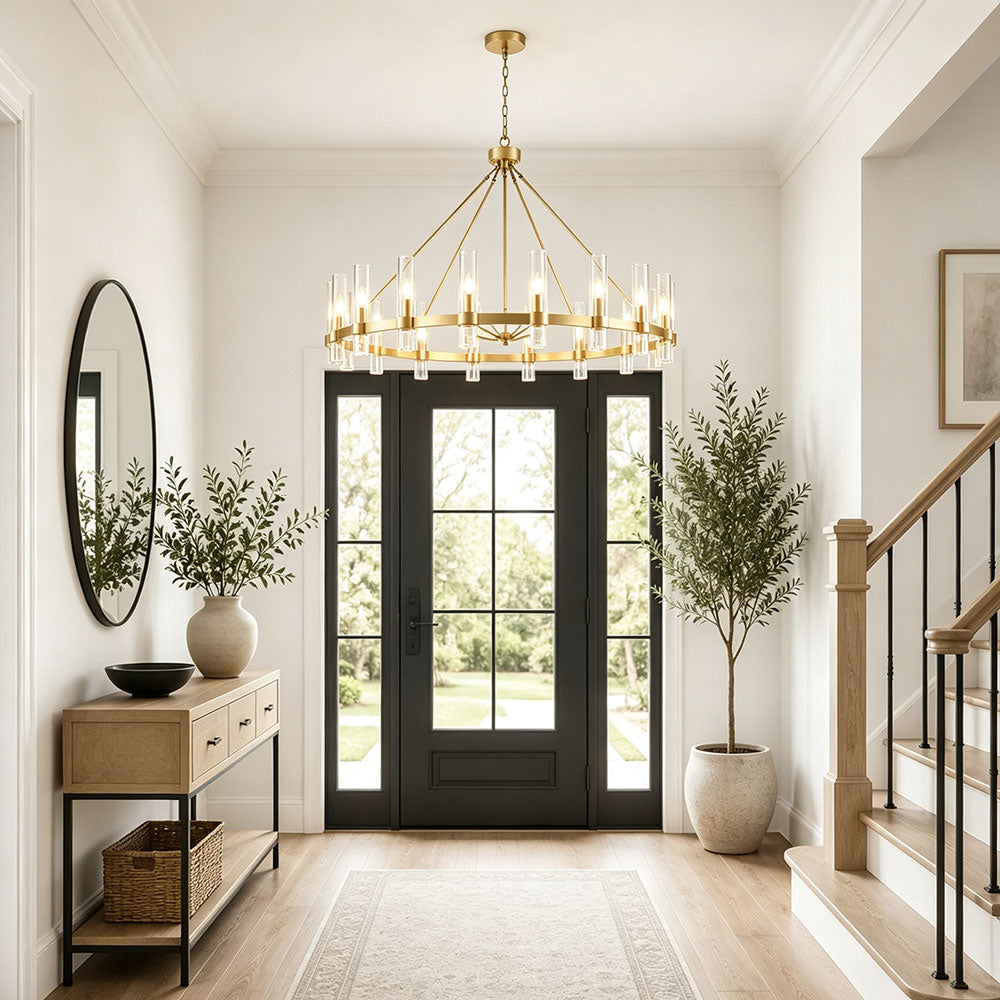 Luxury Round Crystal Ring Chandelier, gold wagon wheel chandelier with clear cylindrical glass shades, modern farmhouse ceiling lighting for entryway foyer.