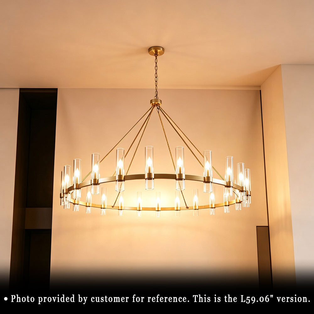 Luxury Round Crystal Ring Chandelier, 59.06 inch gold wagon wheel chandelier with clear cylindrical glass shades, customer real installation photo, warm glow interior ceiling light.