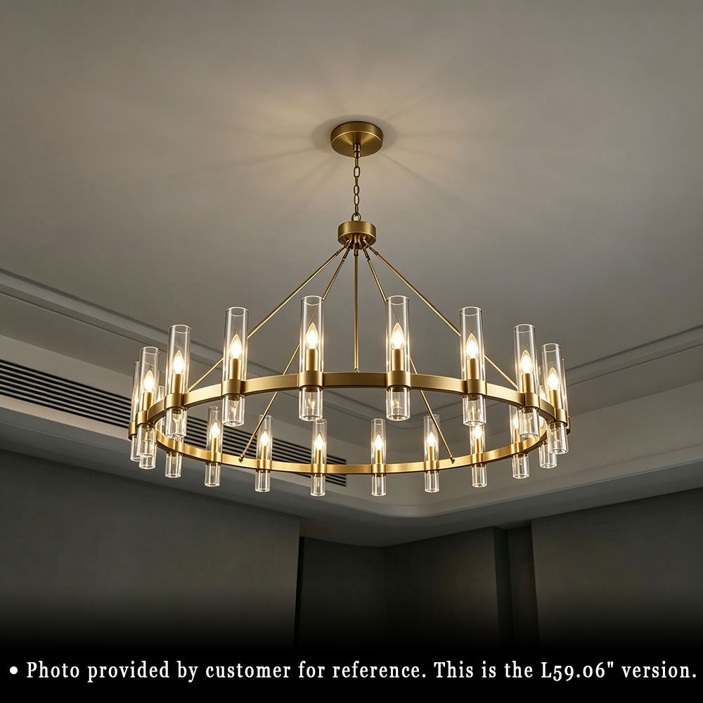 Luxury Round Crystal Ring Chandelier, 59.06 inch gold wagon ring chandelier with clear cylindrical glass shades, customer real installation photo, modern indoor ceiling pendant lighting.