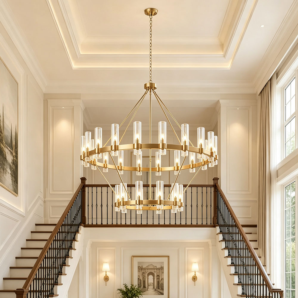 Luxury Round Crystal Ring Chandelier, two-tier gold wagon wheel chandelier with clear cylindrical glass shades, high ceiling foyer staircase interior lighting.