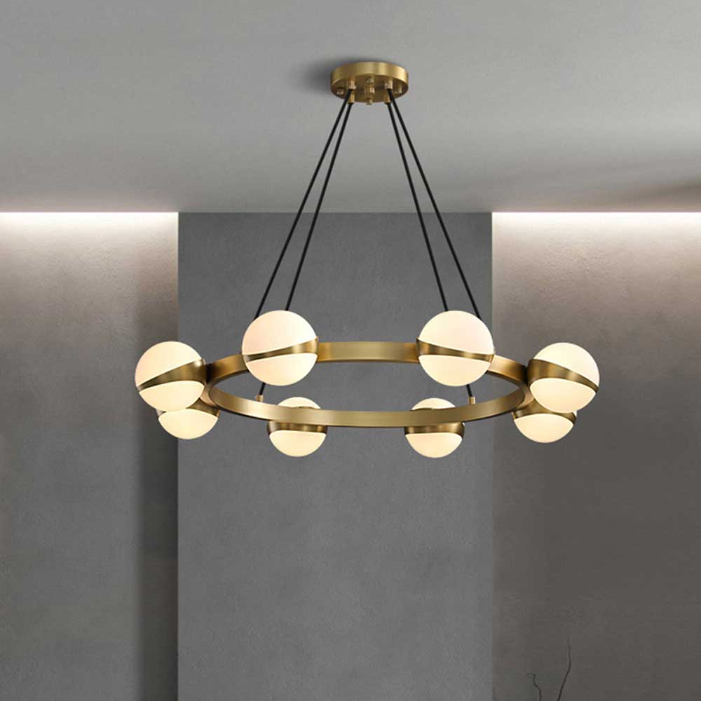 Modern Gold Ring Globe Glass Chandelier, 8-light milky white glass sphere pendant light, mid-century circular ring ceiling fixture for dining room living room bedroom