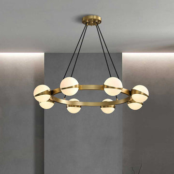 Modern Gold Ring Globe Glass Chandelier, 8-light milky white glass sphere pendant light, mid-century circular ring ceiling fixture for dining room living room bedroom