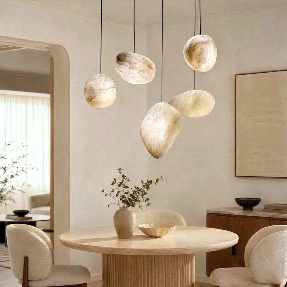 Natural Alabaster Pendant Light - Oval Stone Shade with Brass Canopy | Warm Glowing Kitchen Island Light