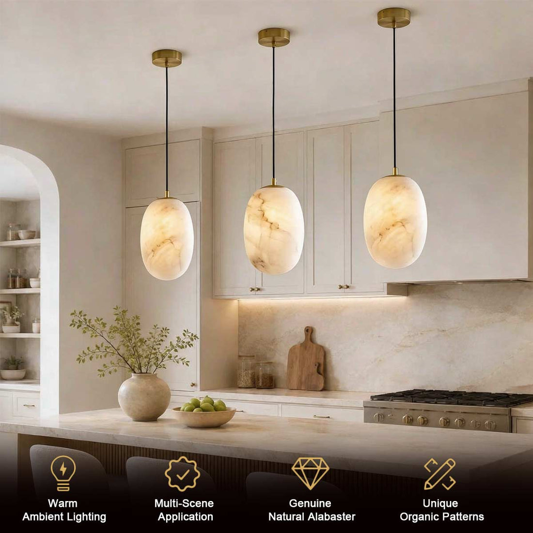 Natural Alabaster Pendant Light - Oval Stone Shade with Brass Canopy | Warm Glowing Kitchen Island Light