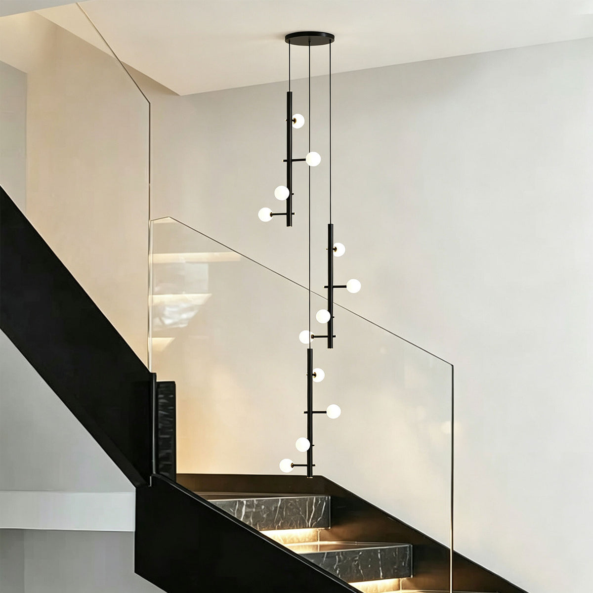 Nordic Black Globe Long Chandelier 12 Lights for Staircase