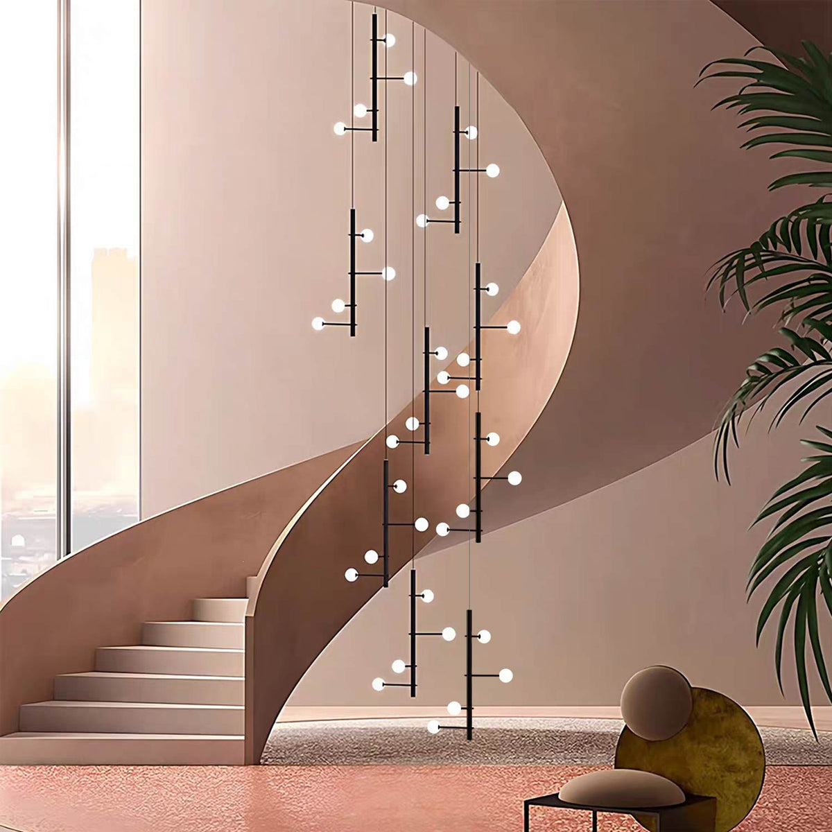 Nordic Black Globe Staircase Chandelier 36 Lights